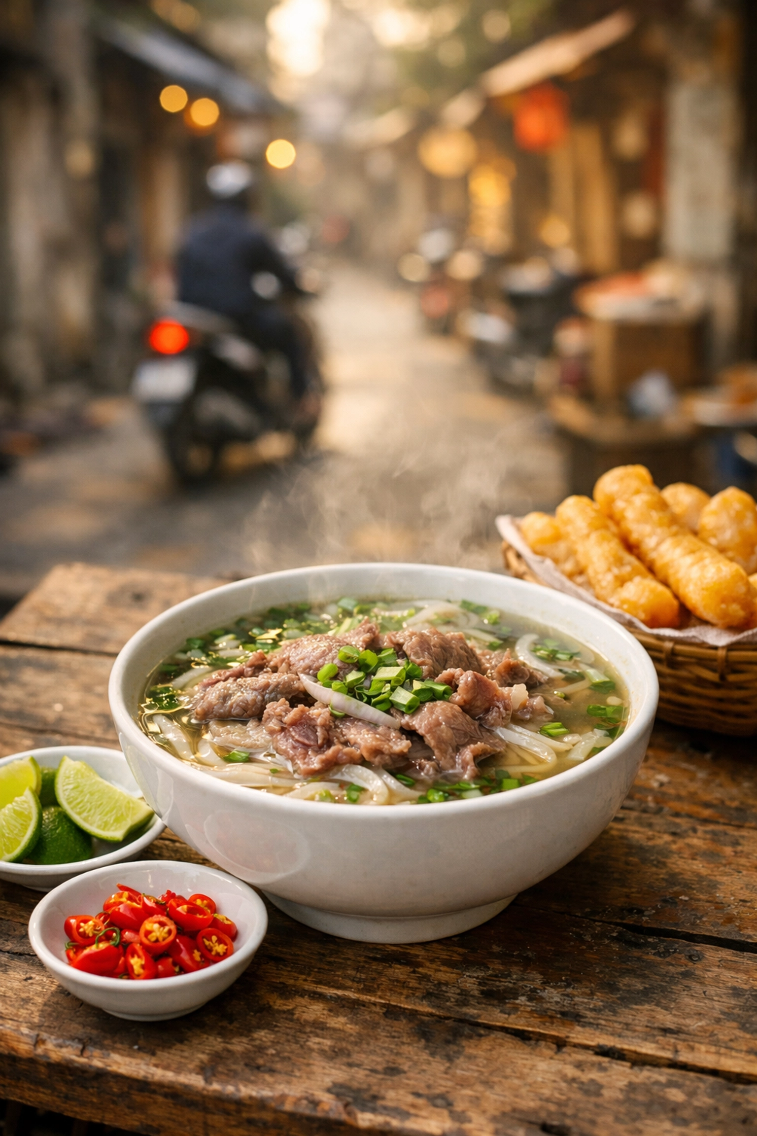 Authentic beef pho noodle soup on a wooden table, a top budget travel food in Hanoi's Old Quarter.