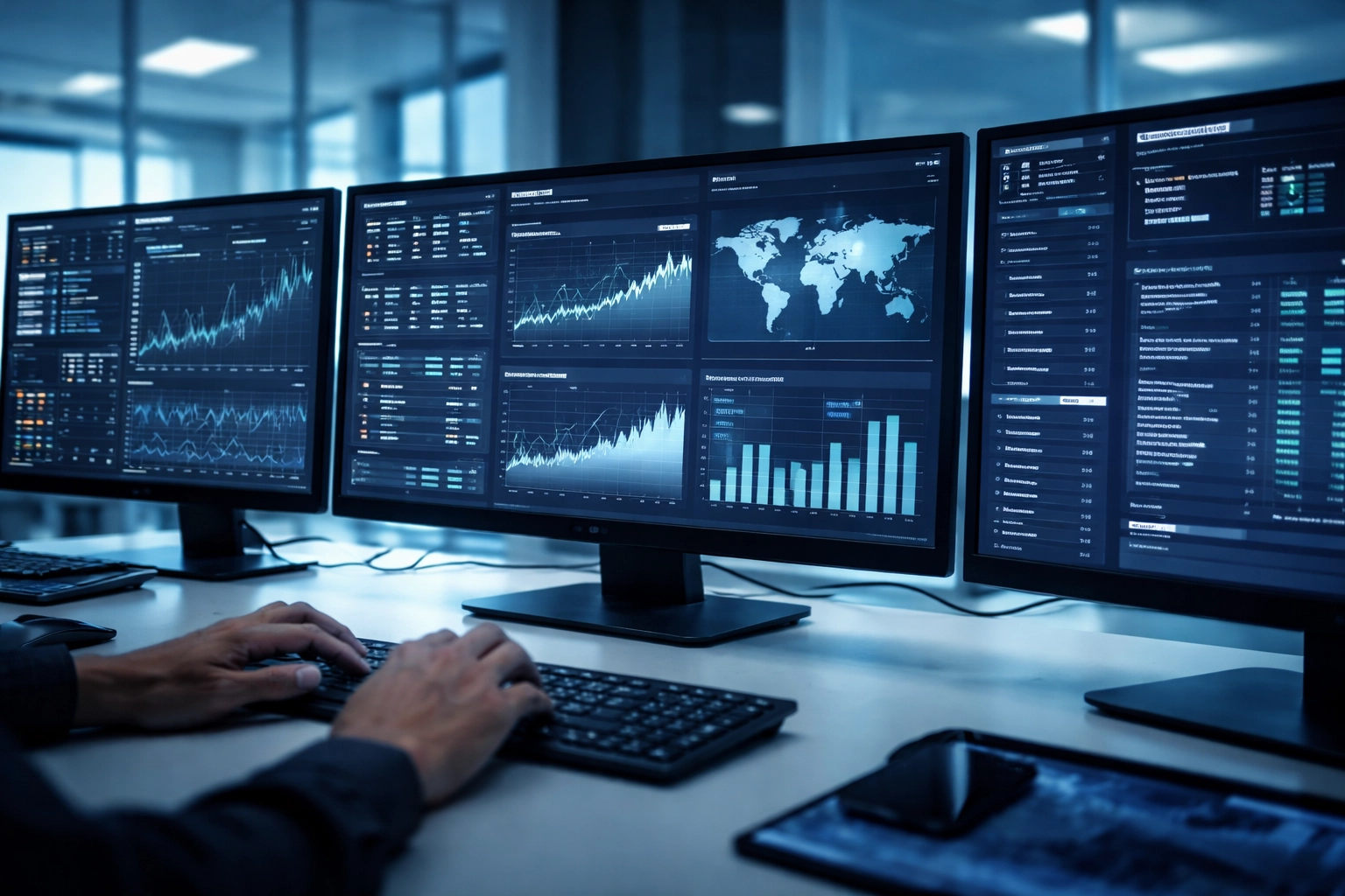 Real-time analytics on monitors illustrate payment processing monitoring for high risk merchants
