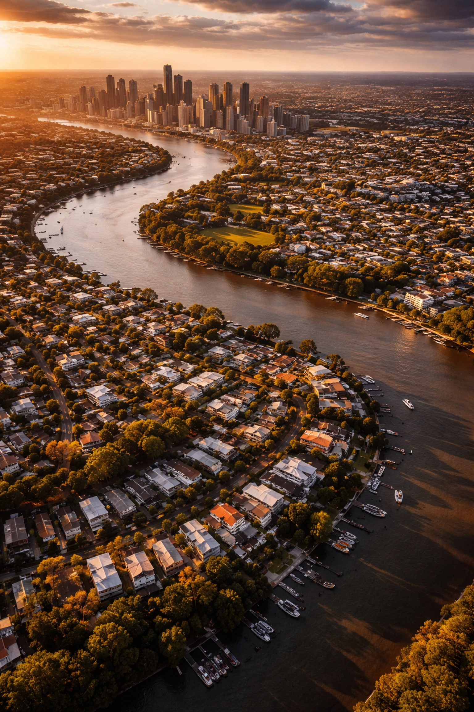 Aerial view of affluent Brisbane suburbs, including Bulimba and New Farm, with the river at sunset