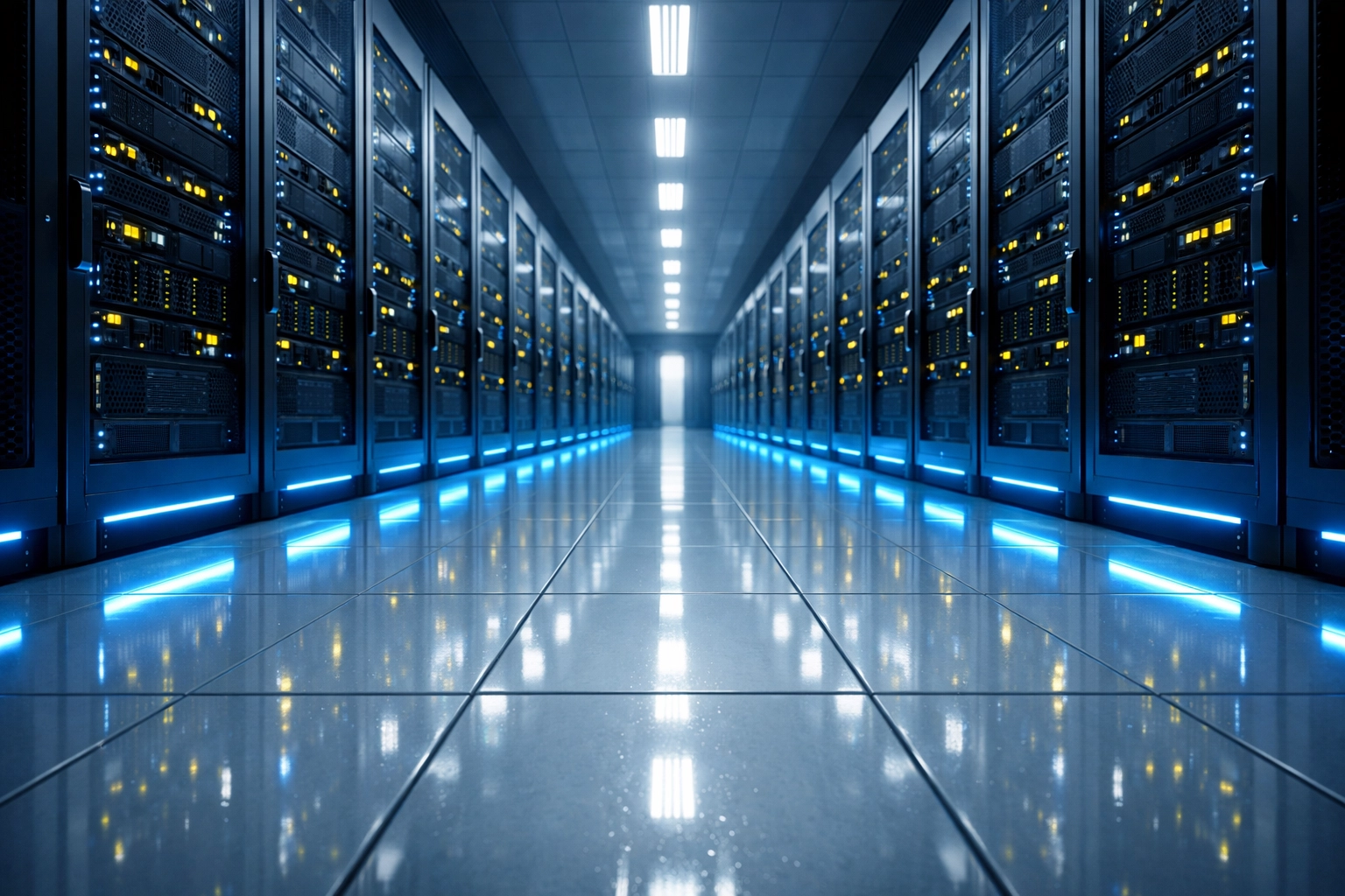 Symmetrical data center aisle with polished raised floor tiles and glowing server racks.