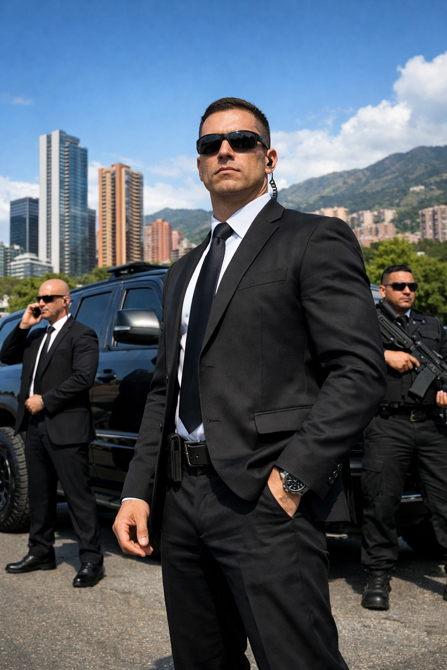 Professional bodyguards protecting client with armored SUV in Medellin