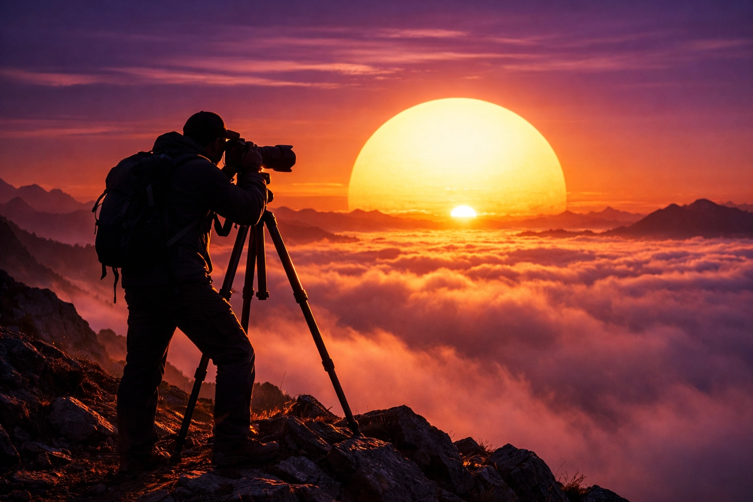 Professional photographer using a tripod at sunrise to capture landscapes with full manual camera control.