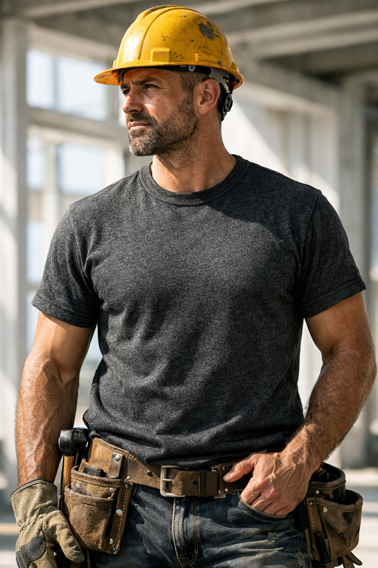 Durable charcoal-grey work shirt worn by a construction worker on a job site.