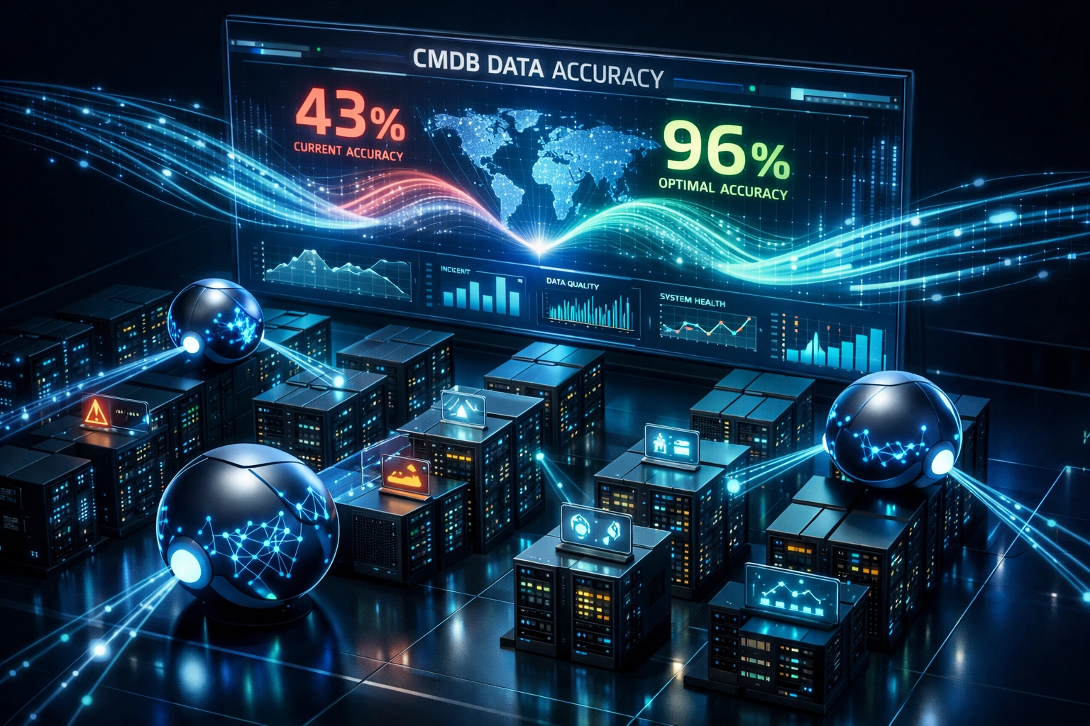 ServiceNow ITOM dashboard showing CMDB accuracy improvement from 43% to 96% with agentic AI automation