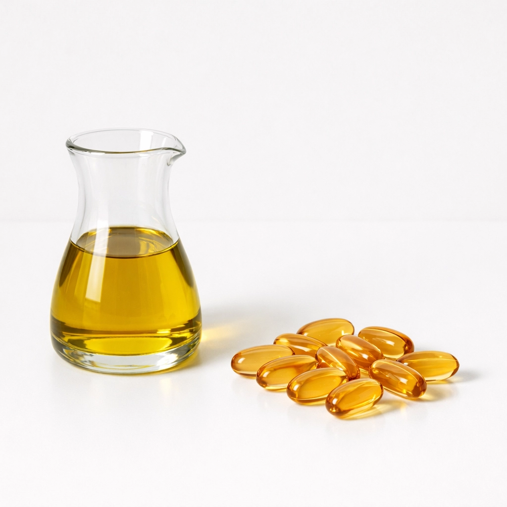 Olive oil and nutritional supplement capsules for healthy hormone support during GLP-1 weight loss.