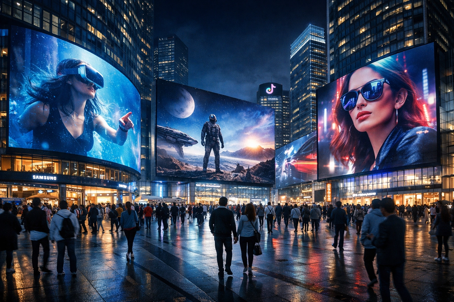 Vibrant city plaza featuring large digital billboards and crowds, illustrating global DOOH reach.
