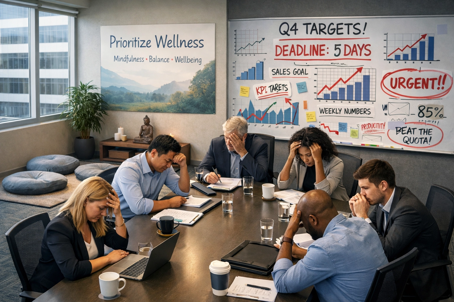 Office meeting showing culture dissonance: wellness props alongside aggressive KPI charts and stressed team