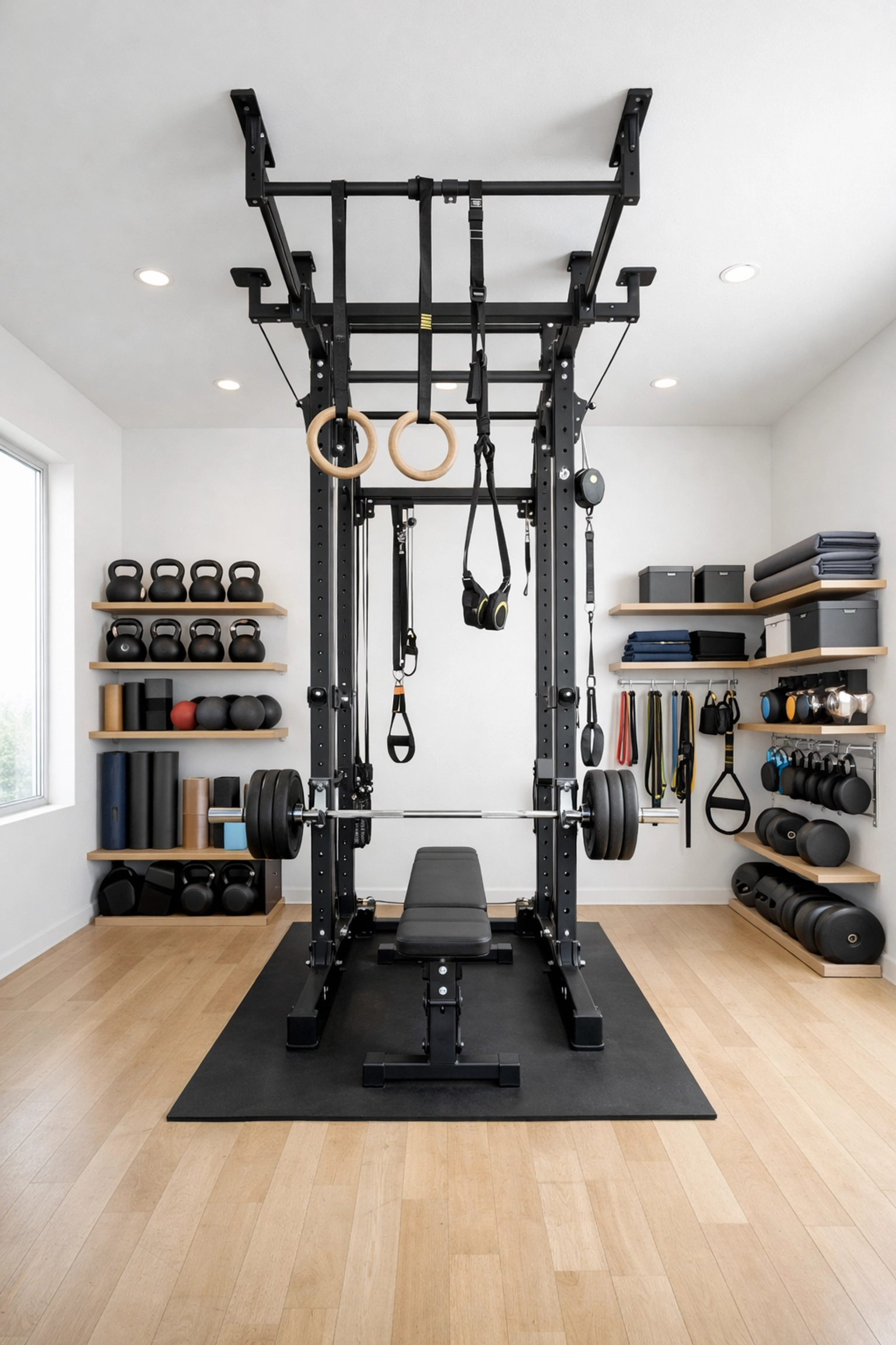 Space-efficient home gym with floor to ceiling system and organized wall storage