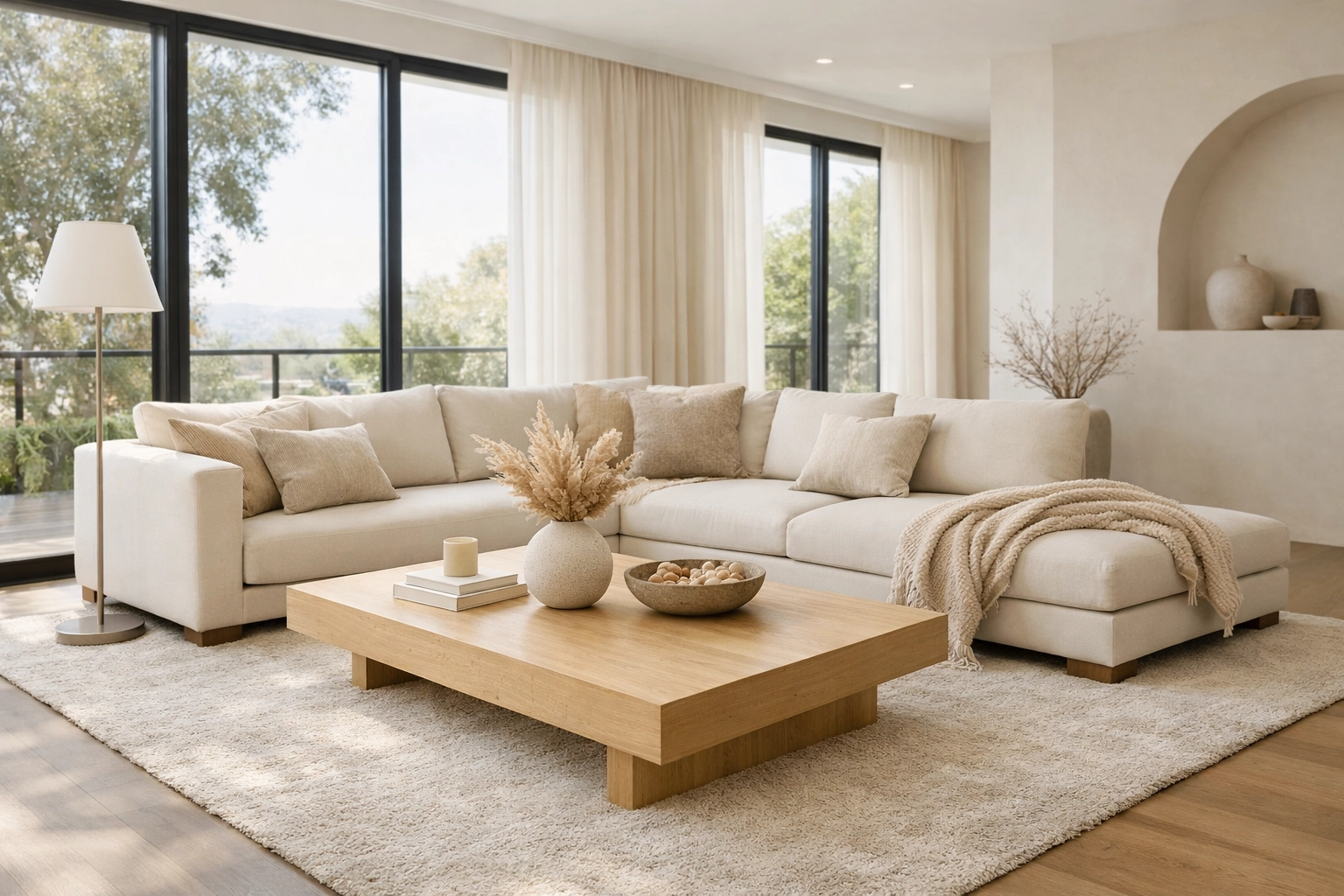 Bright, professionally furnished living room in a Cleveland mid-term rental, showcasing high-end interior design.