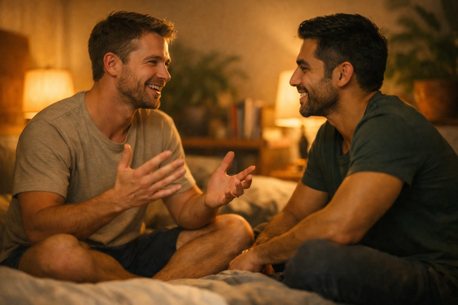 Gay couple having open conversation about intimacy and safety in bedroom