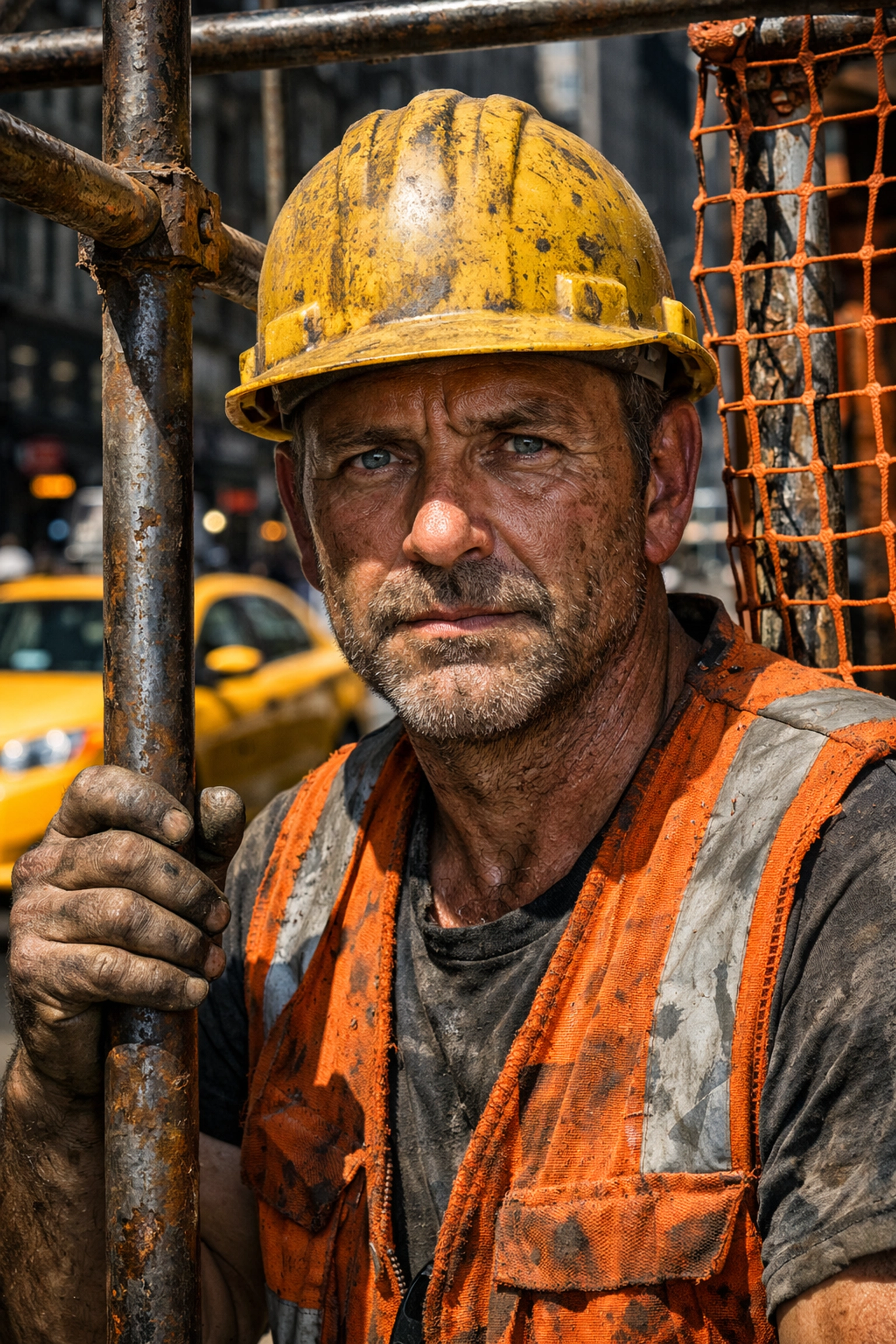 A construction worker in a hard hat and vest captured in a gritty urban street photography portrait.