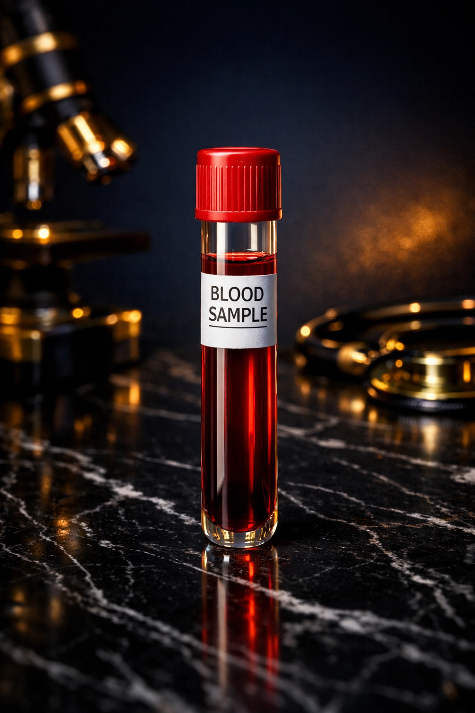 Blood sample vial in medical laboratory for heart and hormone health testing