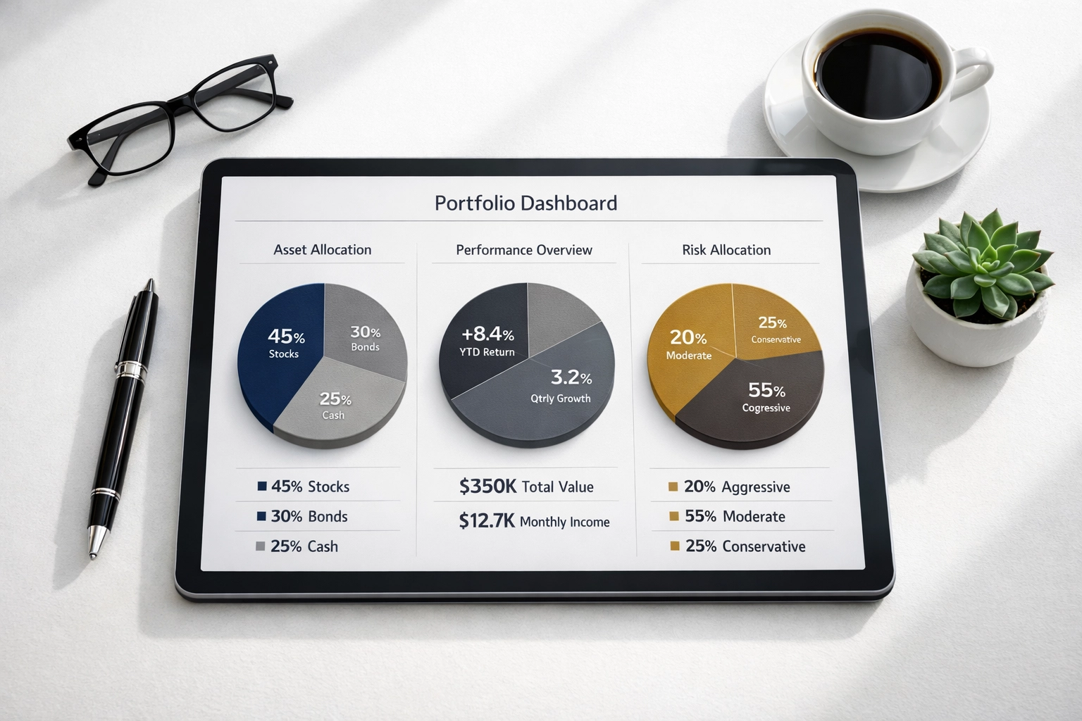 40/30/30 portfolio dashboard displaying diversified asset allocation across equities, bonds, and alternatives