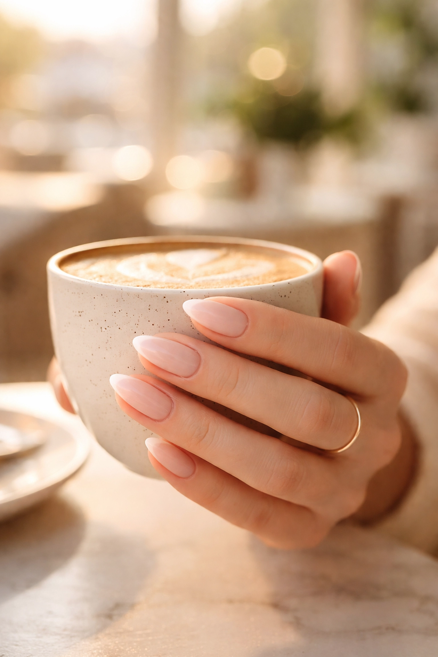 Woman with milky sheer almond-shaped nails and French tip accent holding latte cup, highlighting custom nail art trends.