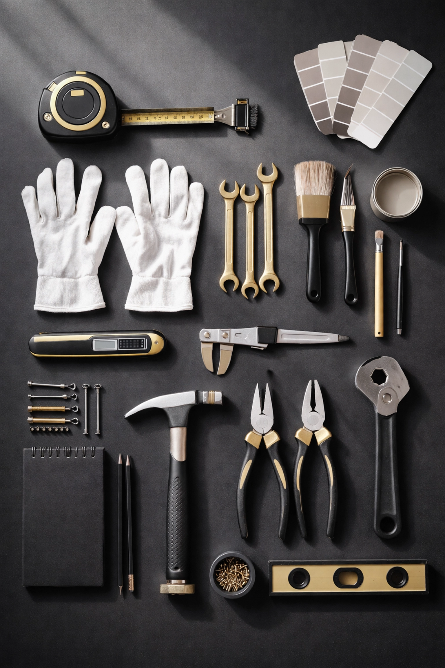 Organised maintenance tools and repair supplies on matte black surface, highlighting professional property management and systematic turnover preparation.