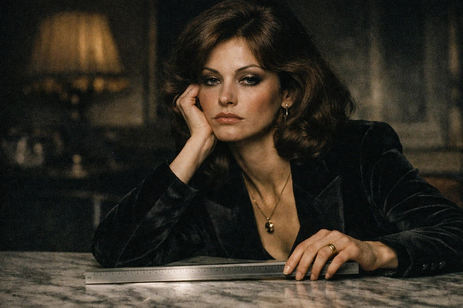 Woman in a dark velvet blazer holding a sleek silver ruler against cold marble, looking unimpressed