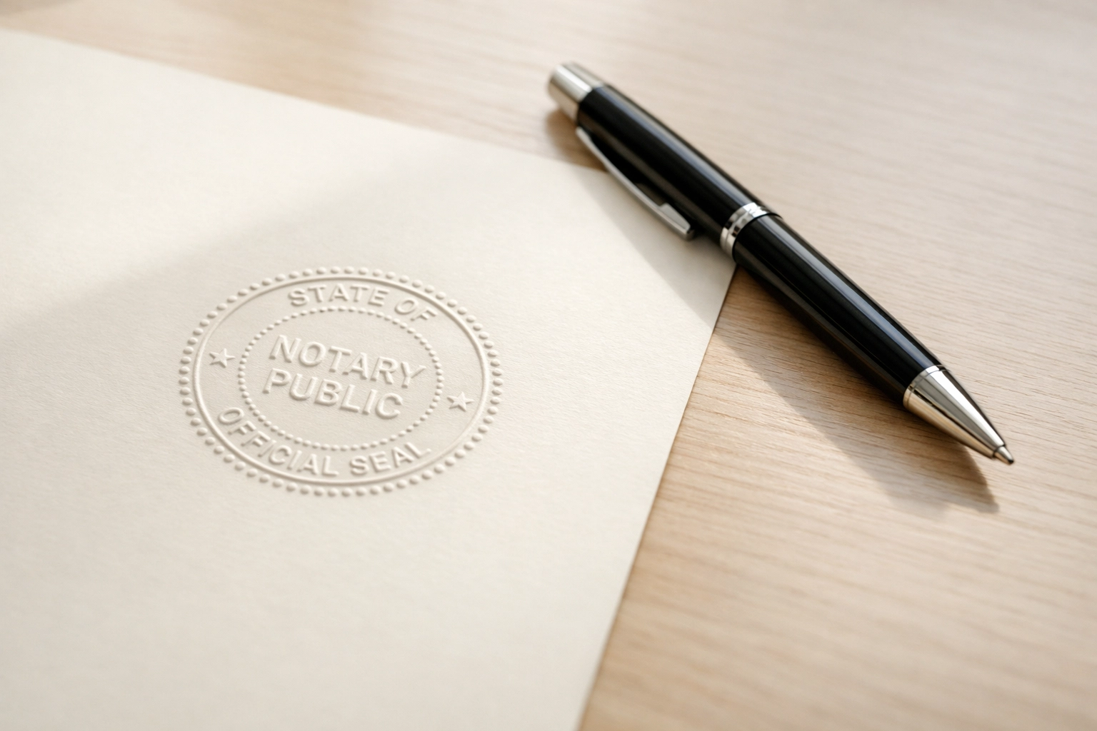 Notary embosser seal pressed on official document with pen