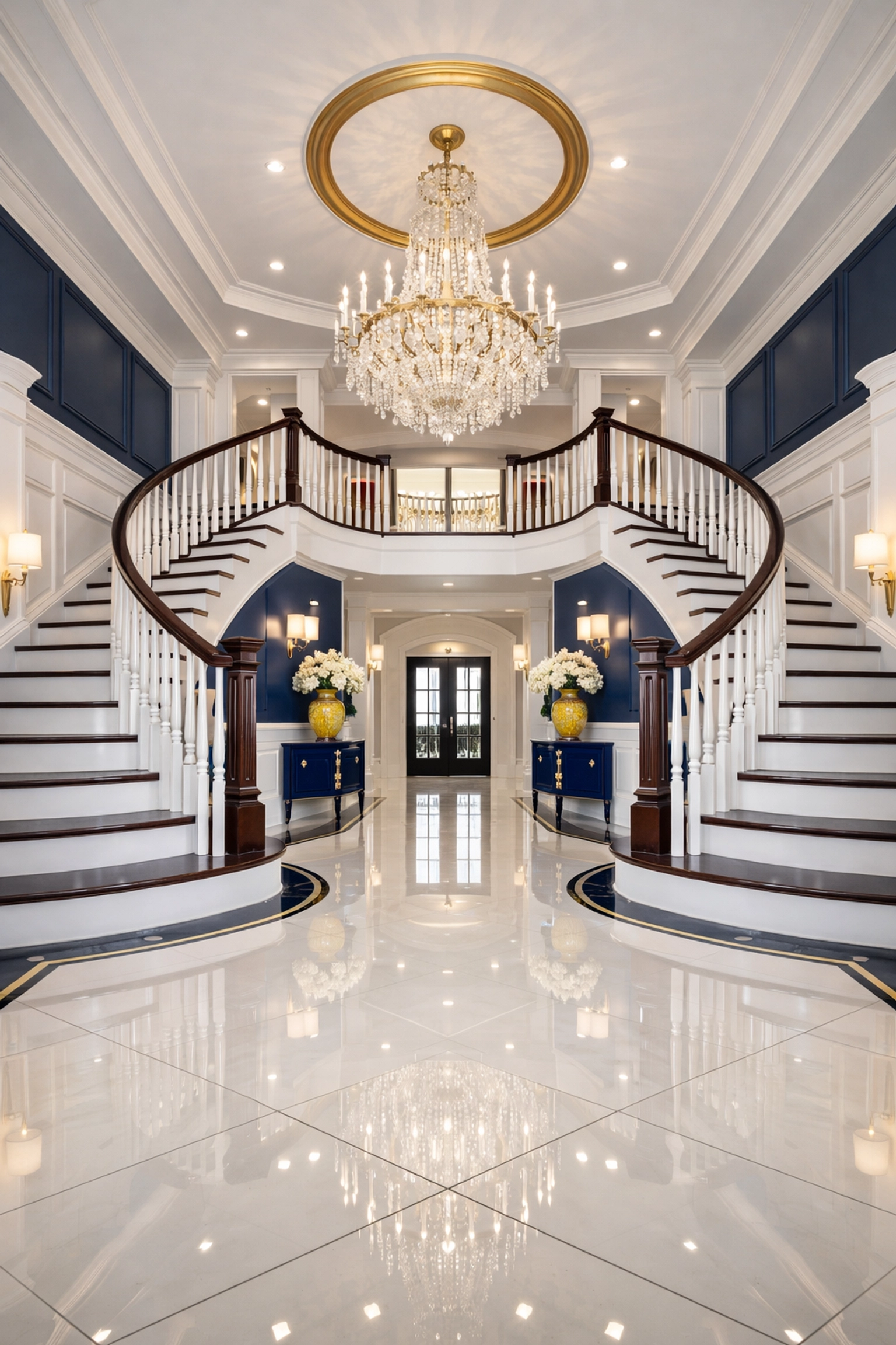 Polished grand foyer and staircase in a Shrewsbury estate following expert luxury residential cleaning services.