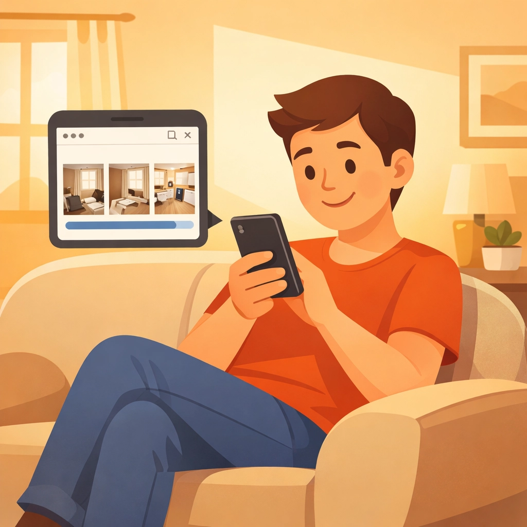 A happy customer viewing a professional job timeline on their phone without needing to download an app.