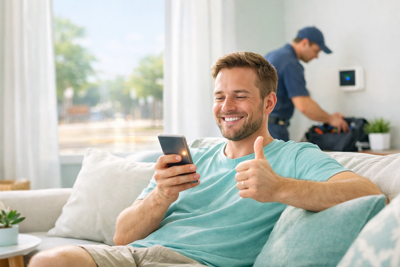 A happy homeowner using a smartphone to leave a positive review for local HVAC cooling services.