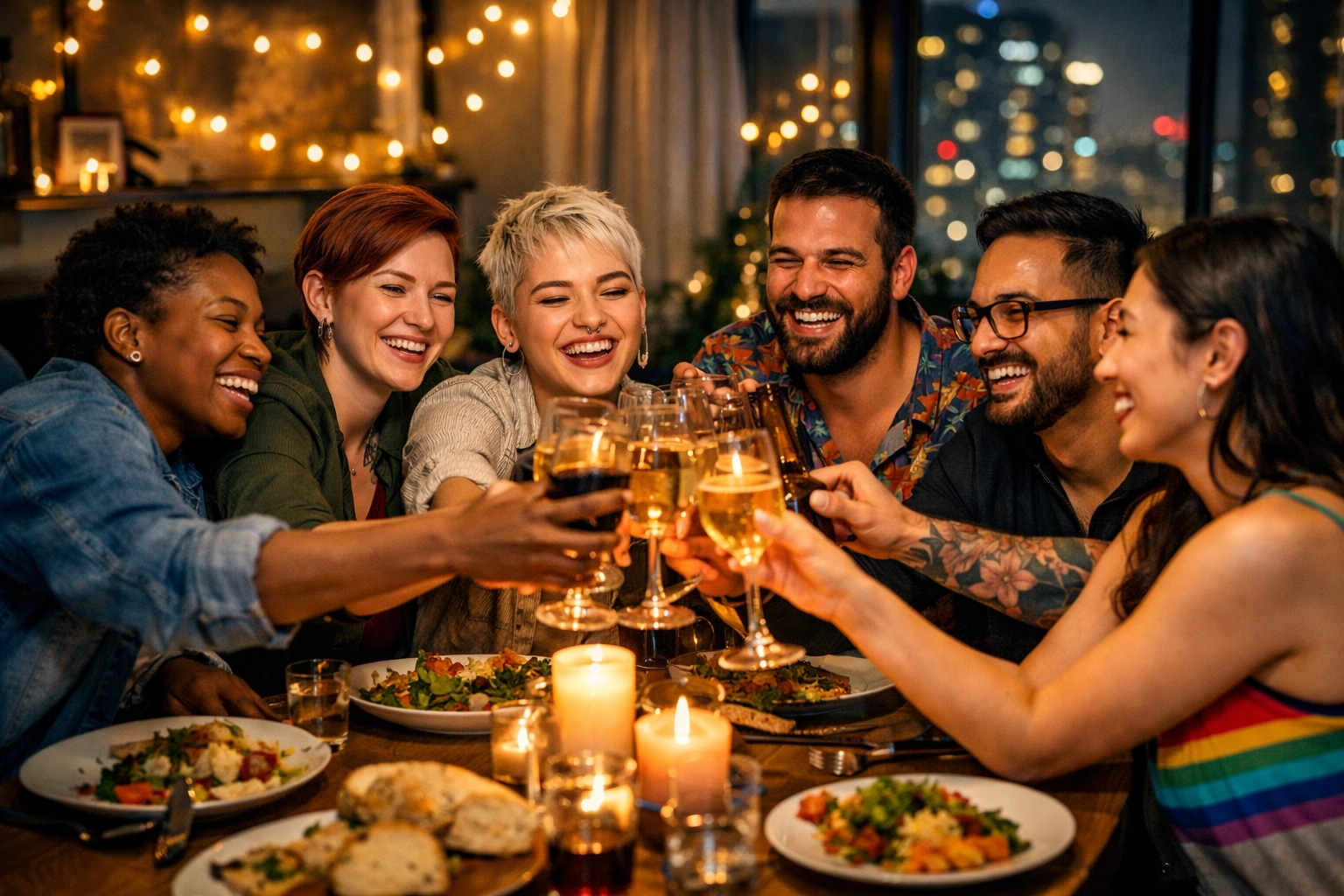 A diverse group of LGBTQ+ friends celebrating at a dinner table, symbolizing the strength of chosen family.