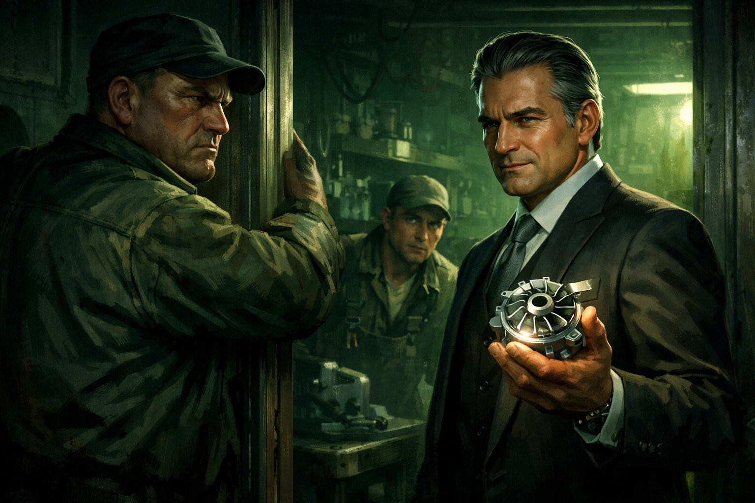 Tense MM romance scene: diplomat confronts supervisor in workshop holding custom engine part