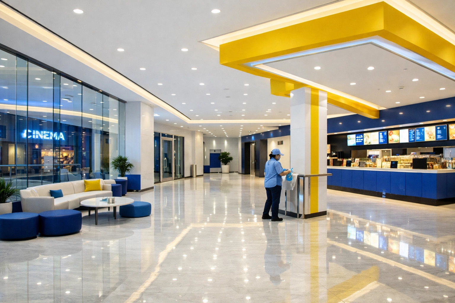 Professional cleaner maintaining the polished stone floors of a modern commercial lobby.