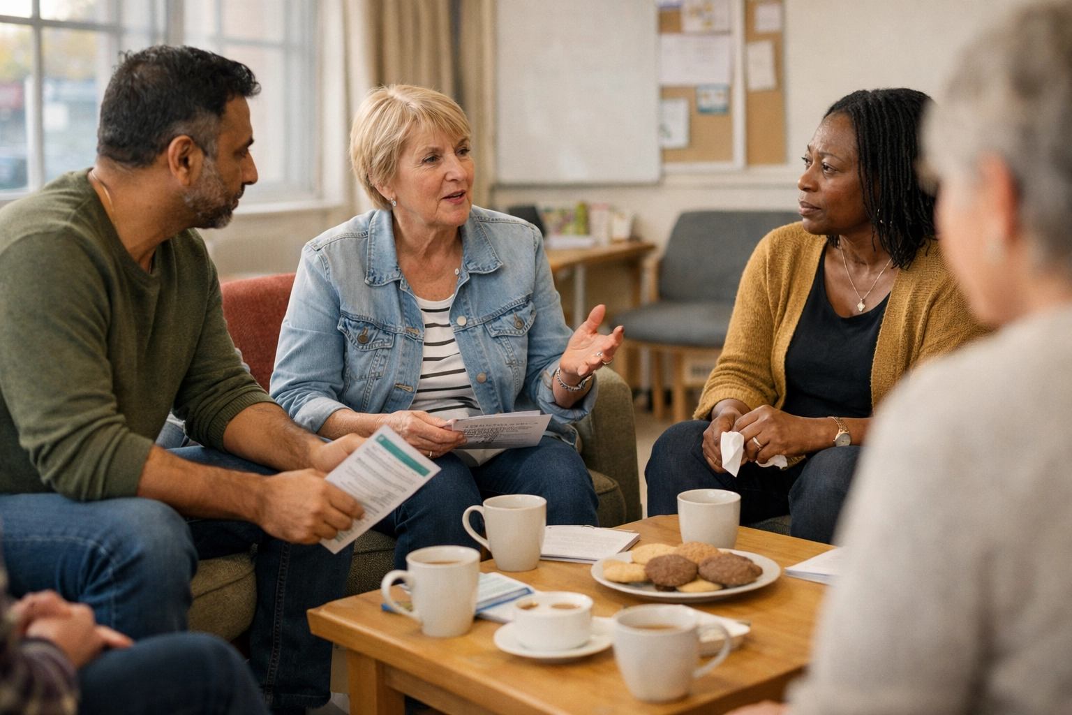 Diverse patient support group discussing respiratory care experiences