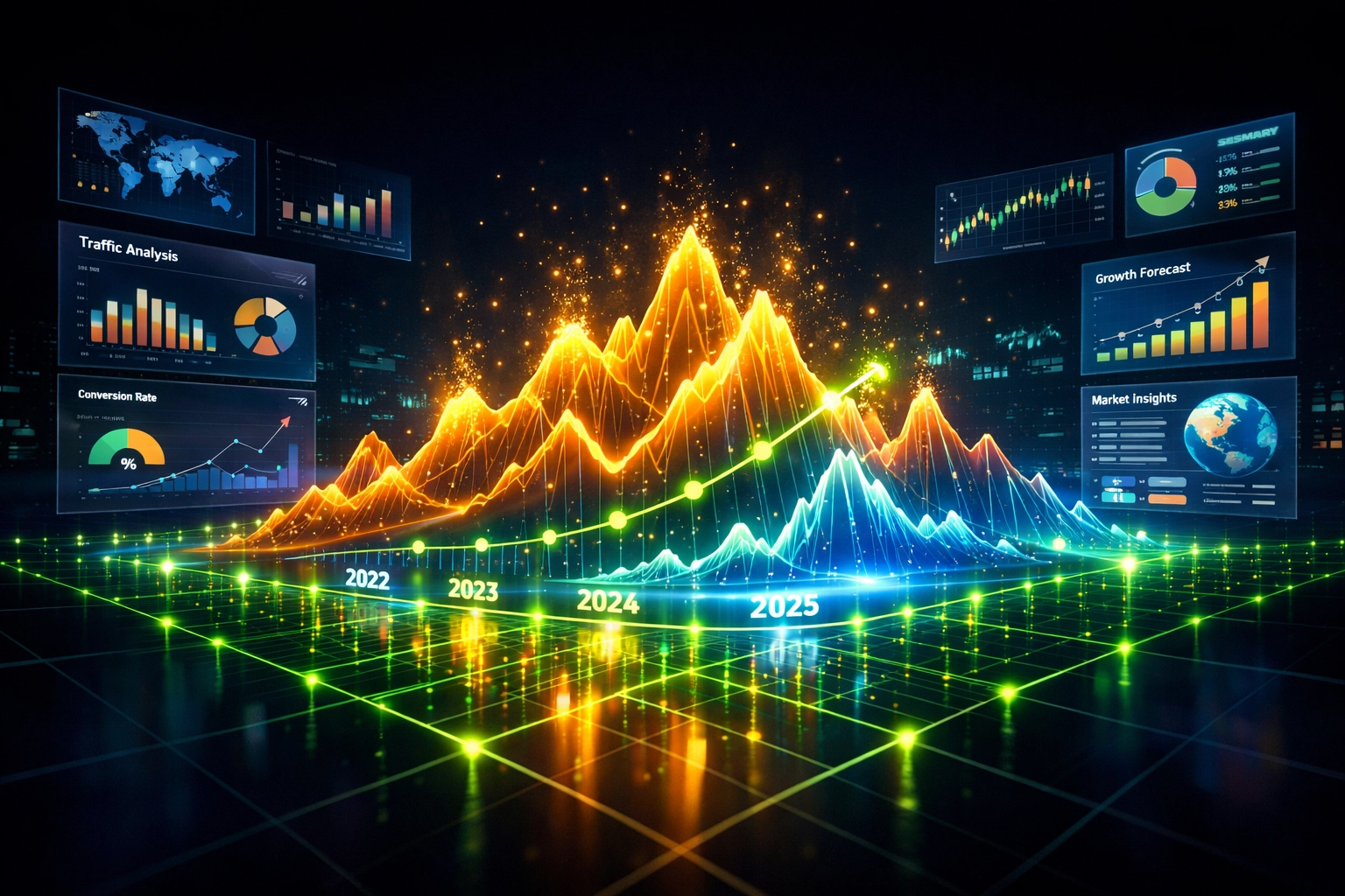 Digital dashboard with glowing graphs illustrating predictive analytics and traffic growth for AI SEO monitoring.