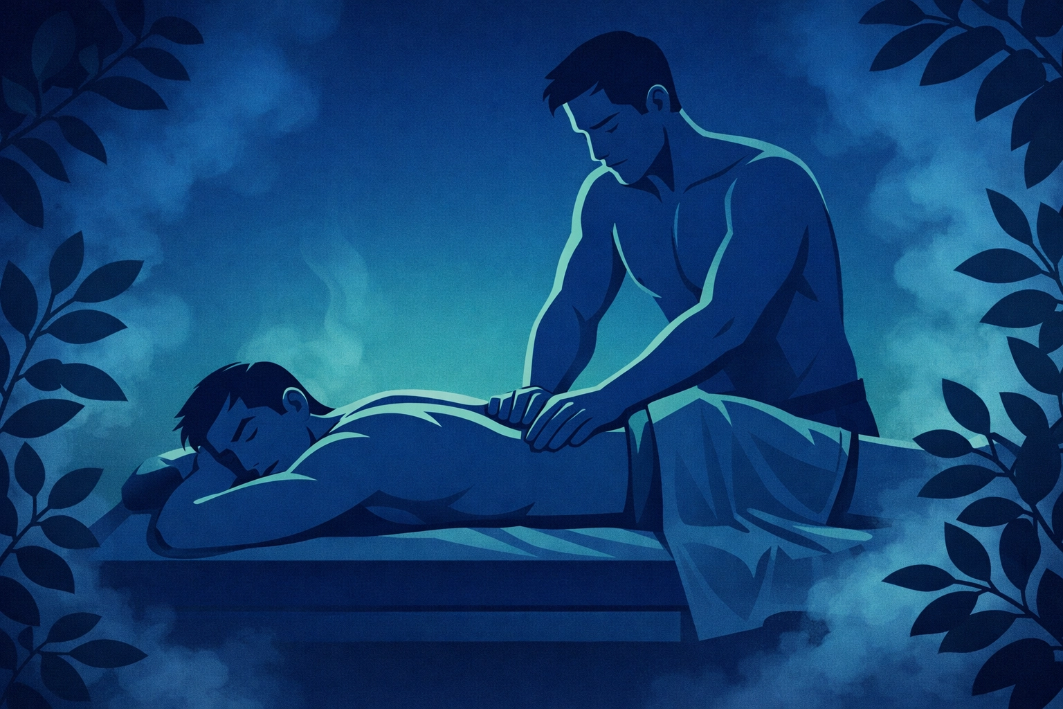 Two men exchanging massage in steamy sauna massage room