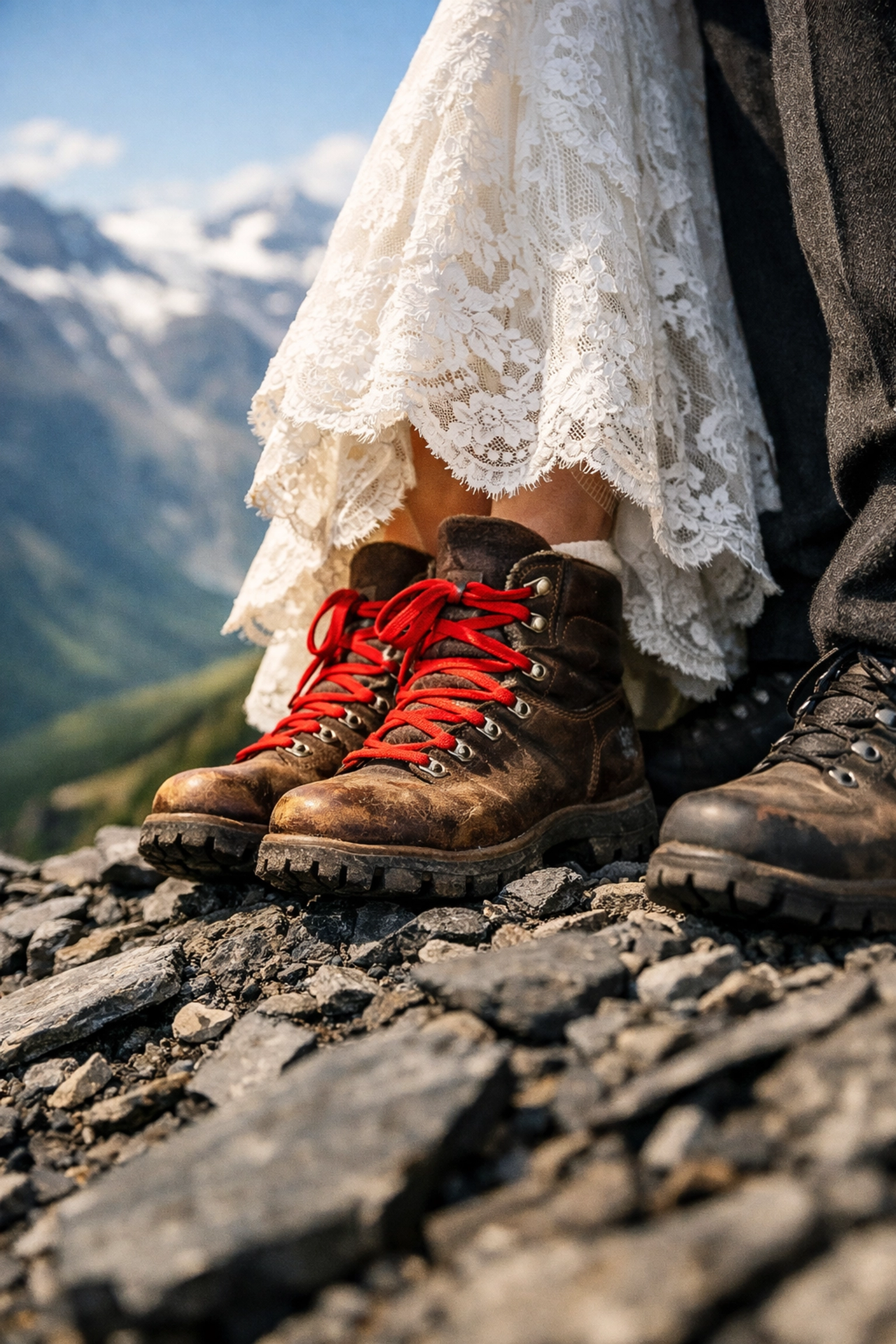 Bride wearing hiking boots with a lace gown for a rugged Canadian Rockies mountain elopement.