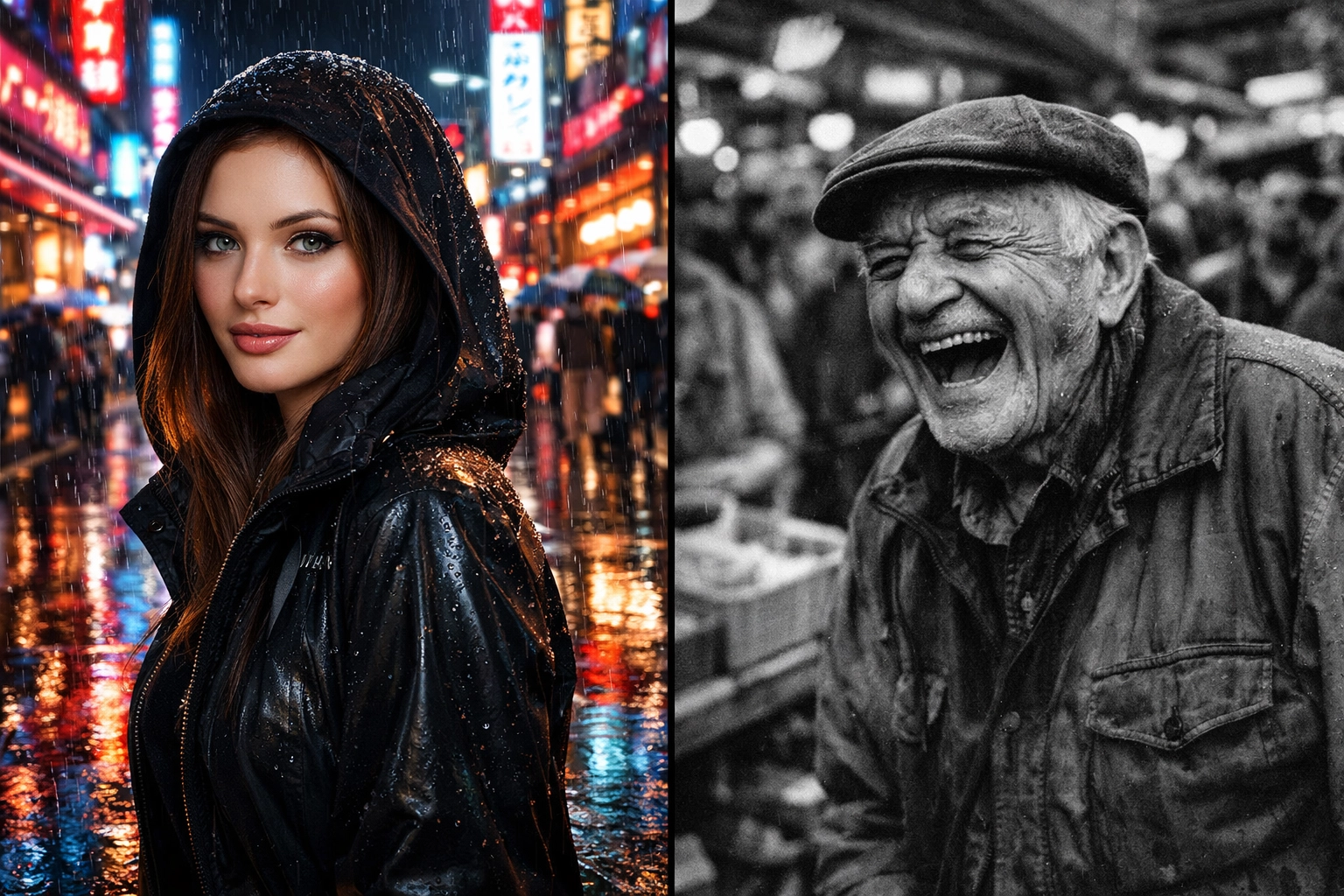 Comparison of AI-generated street photography and authentic shots from today's photography news.