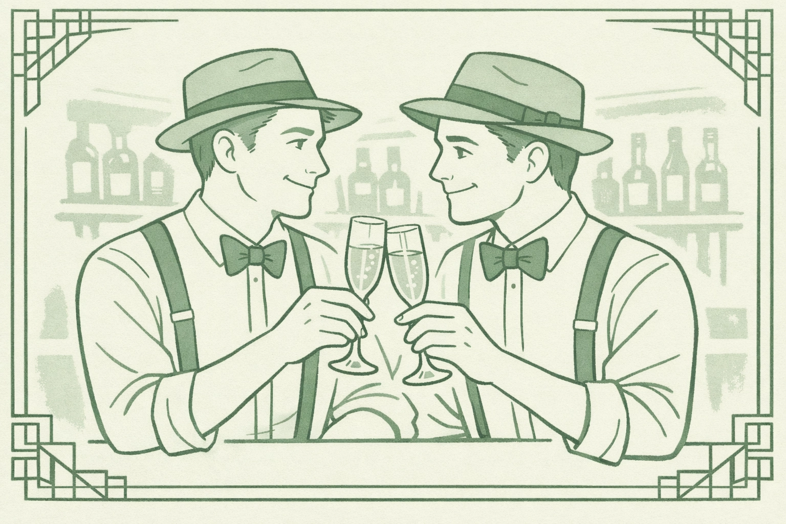 Two gay men toast champagne in 1920s underground speakeasy during Prohibition era