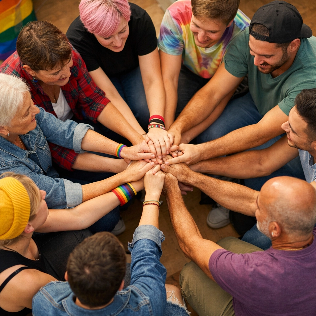 LGBTQ+ community members holding hands in solidarity circle showing pride and mutual support