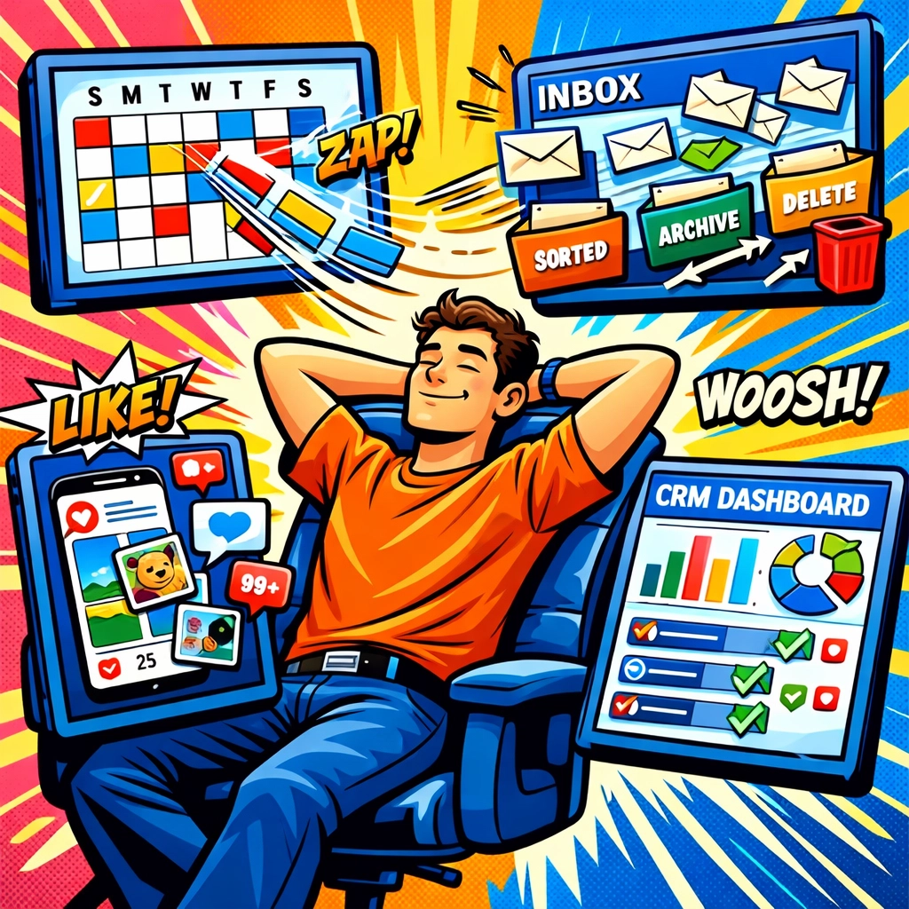 AI business automation managing calendar, emails, social media, and CRM tasks effortlessly