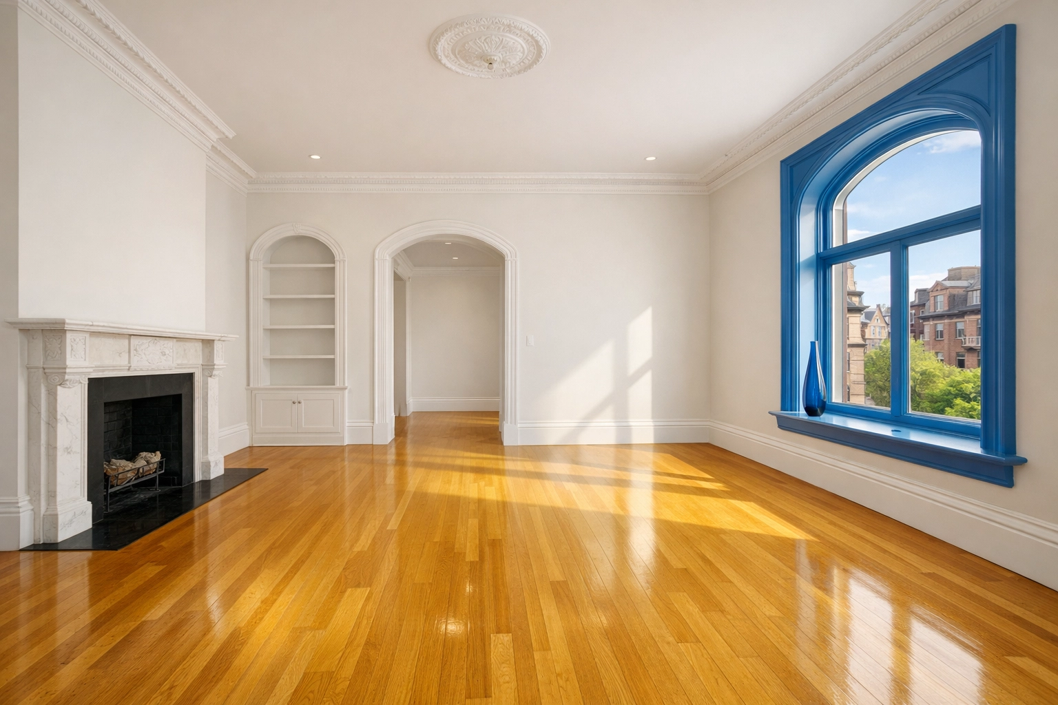 Spotless empty Boston brownstone living room ready for a move-out inspection and security deposit return.