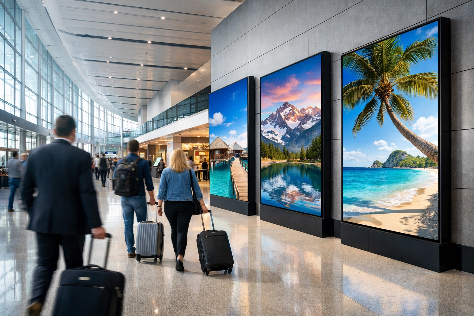 Digital out-of-home screens in a busy airport terminal providing strategic transportation marketing solutions.
