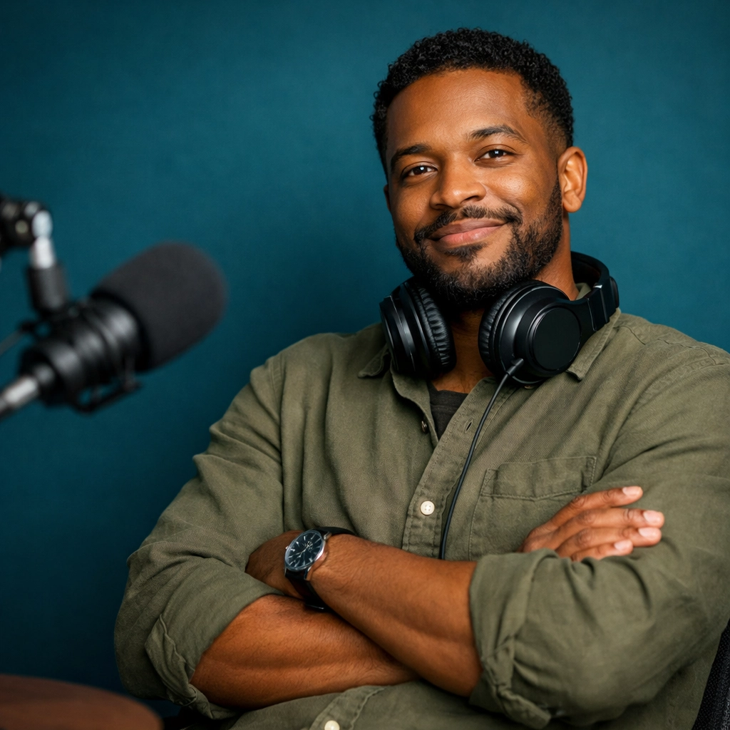 Confident podcaster in studio with microphone demonstrating sustainable content creation