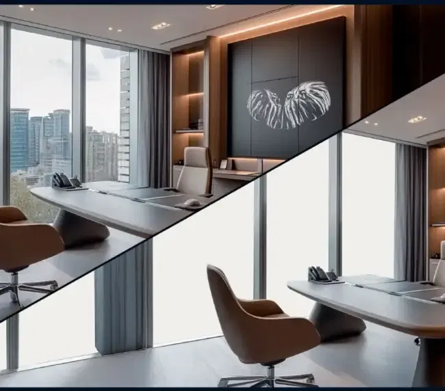 Modern executive office showcasing Smart View’s switchable smart film in both clear and frosted modes for instant privacy.