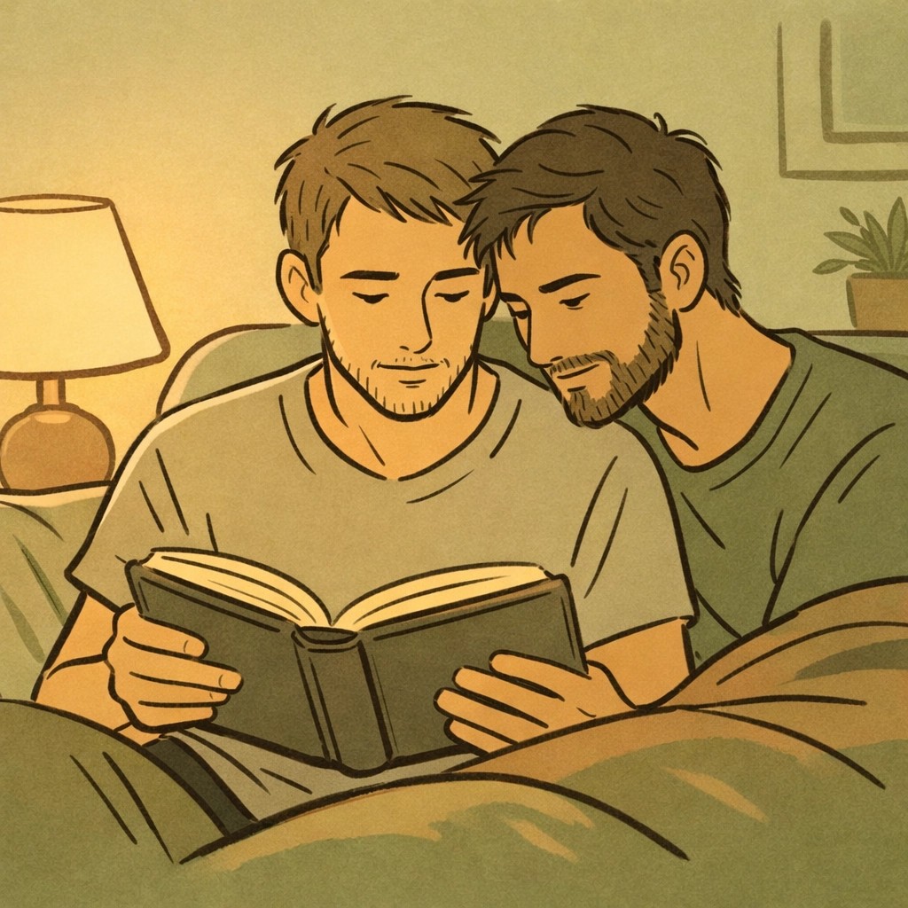 Two men reading together on couch in LGBTQ+ book club setting, sharing intimate moment over queer fiction
