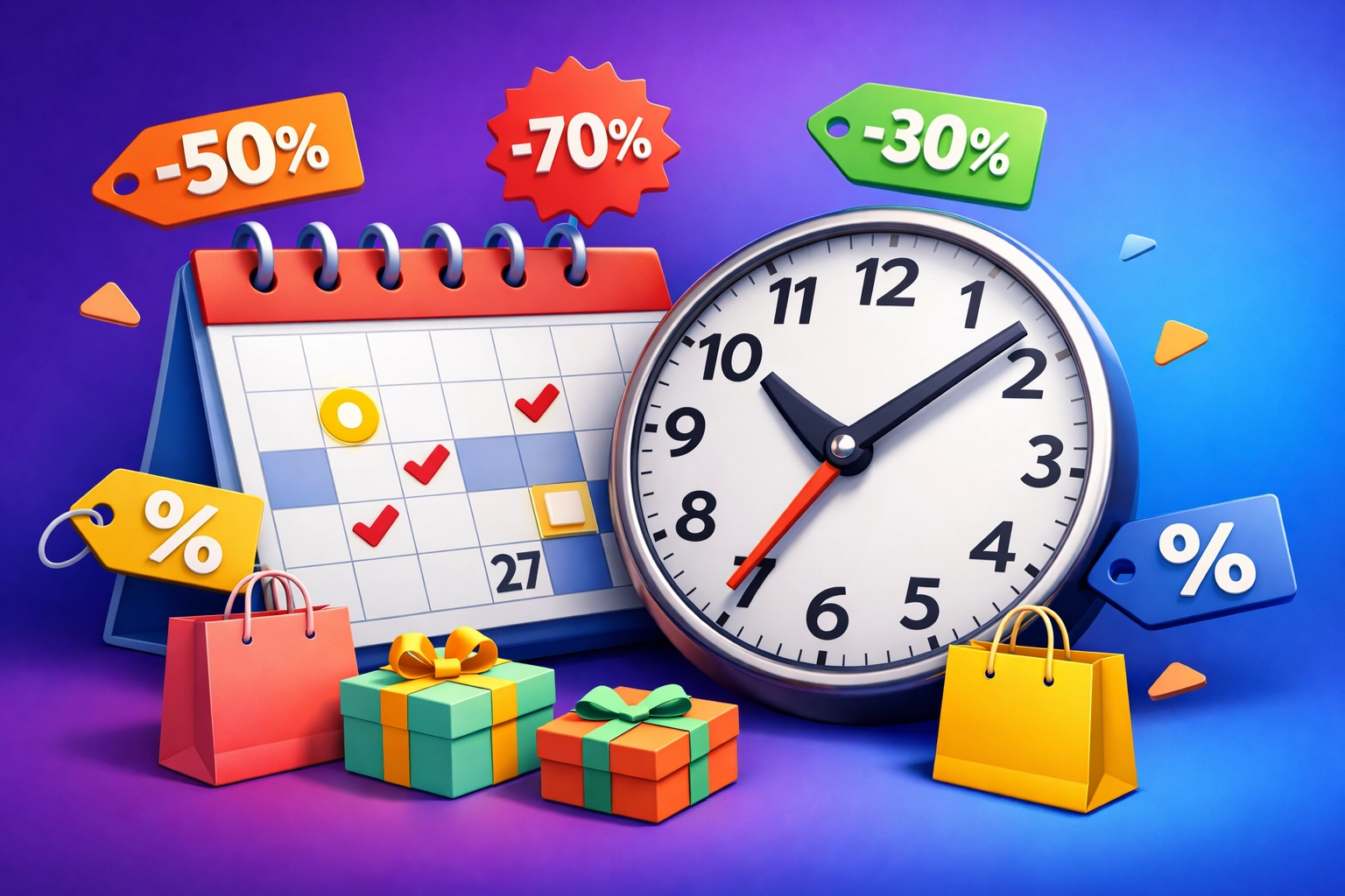 Calendar and clock with discount price tags showing timing strategy for online deals