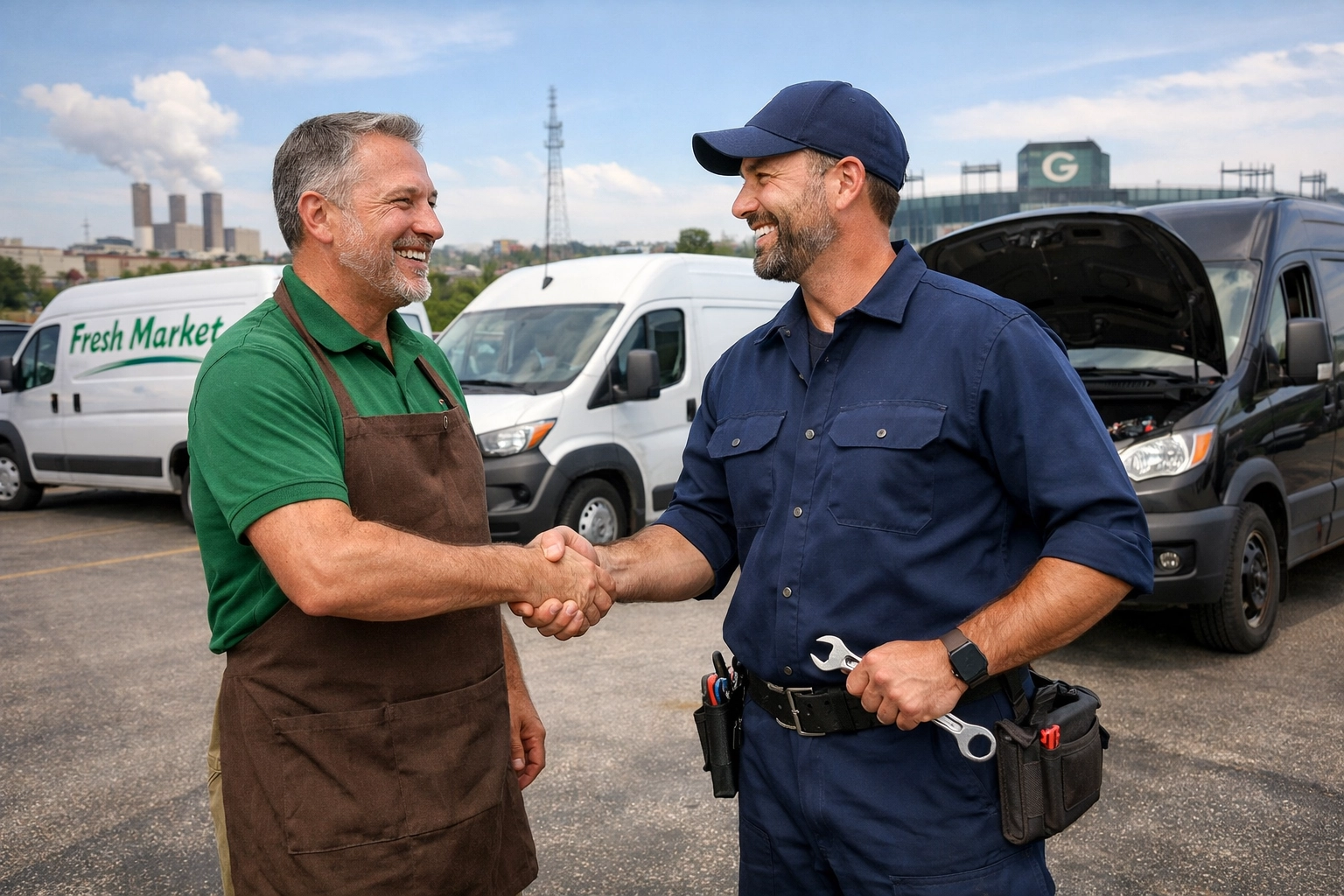 Professional mobile mechanic shaking hands with a Green Bay business owner near a fleet of service vans.