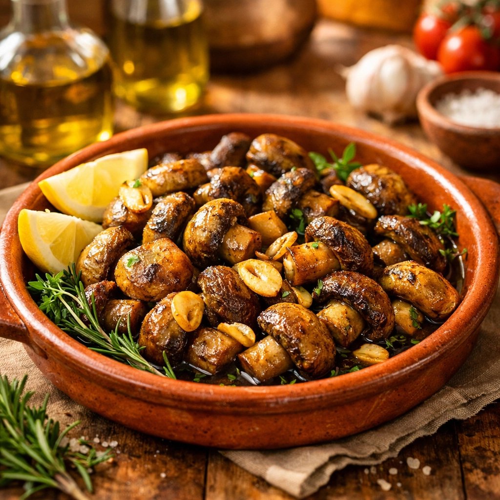 Garlic and herb roasted mushrooms in terracotta dish with fresh herbs