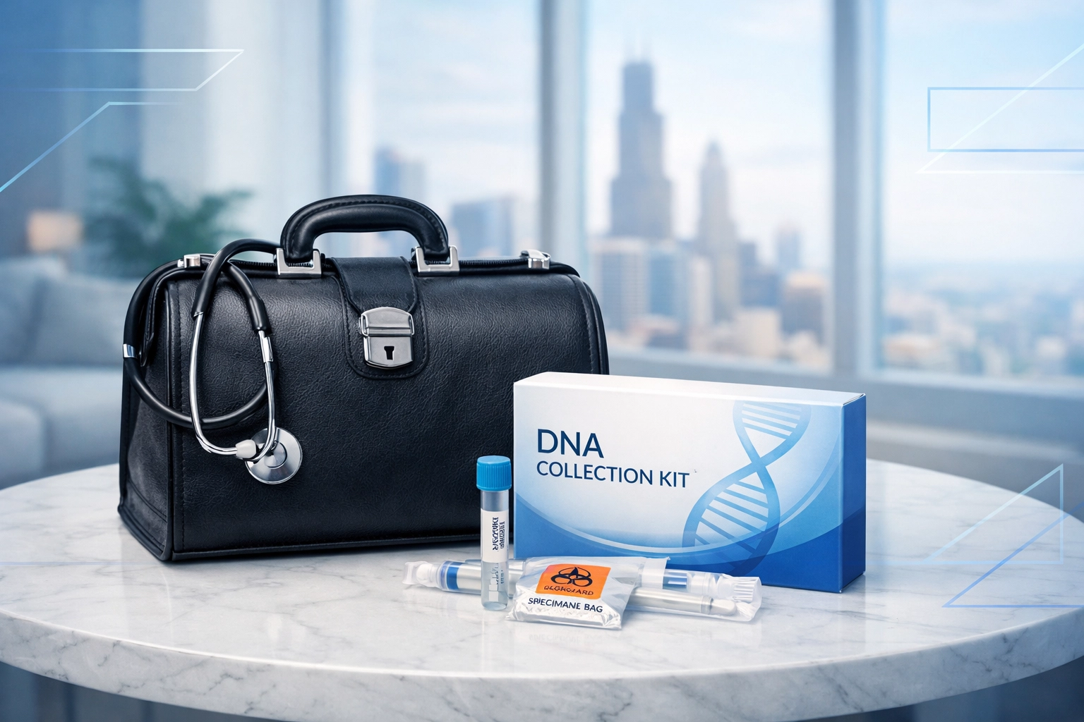 Mobile DNA testing kit and medical bag prepared for home sample collection in a Chicago residence.