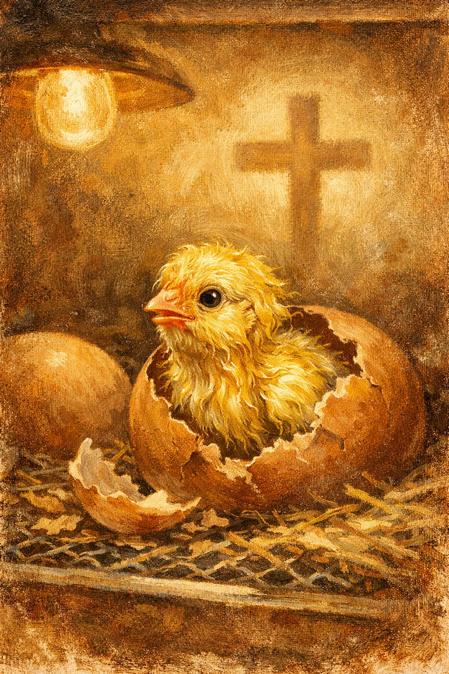 Newly hatched chick emerging from brown egg in farm incubator