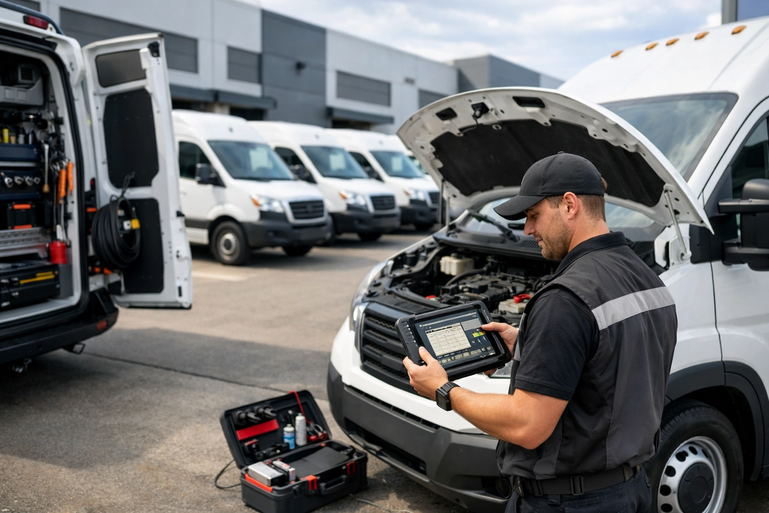 On-site fleet maintenance service in Green Bay for local delivery vans at a business park.