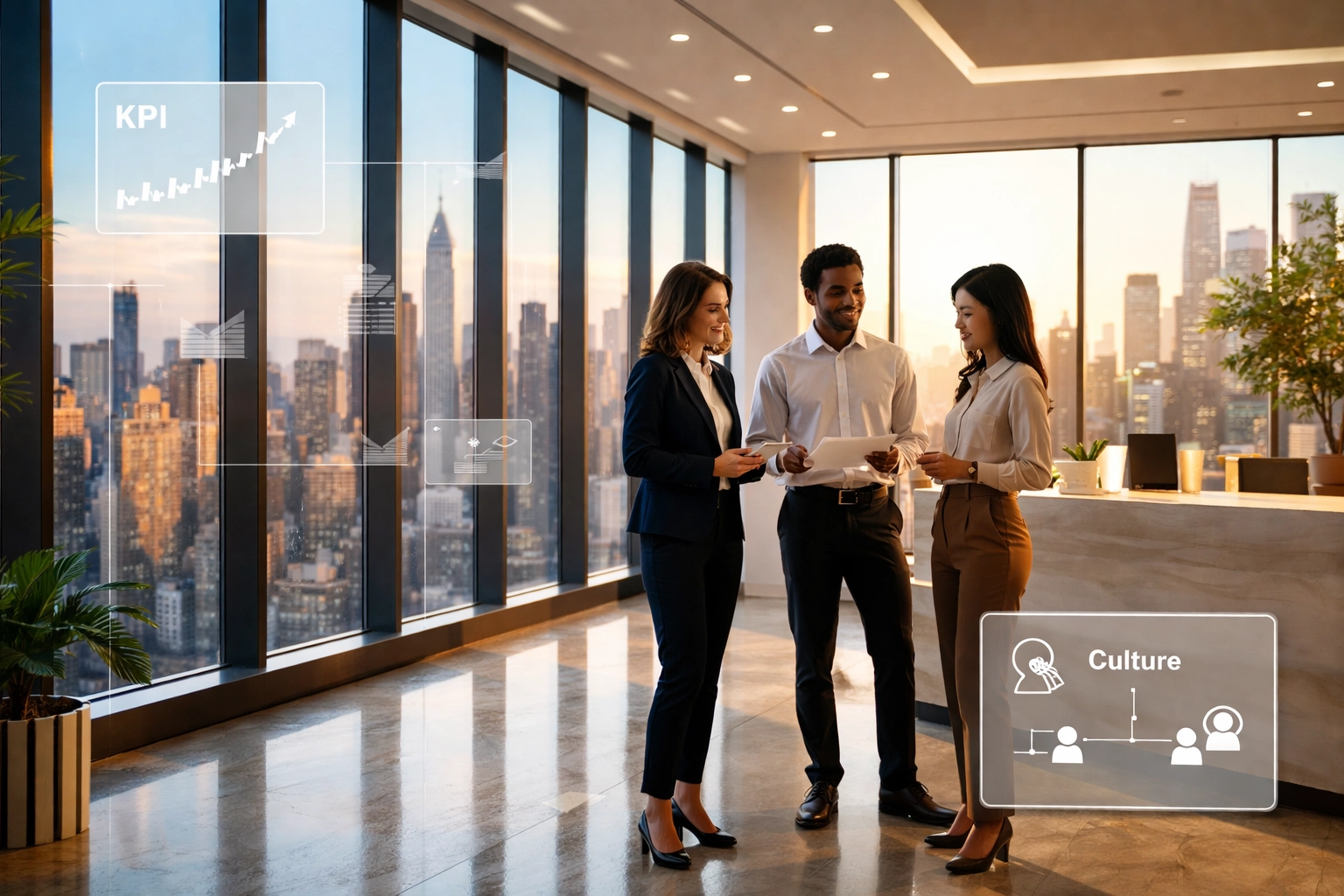 Modern Manhattan office lobby with diverse business professionals discussing company culture and values alignment for hiring.