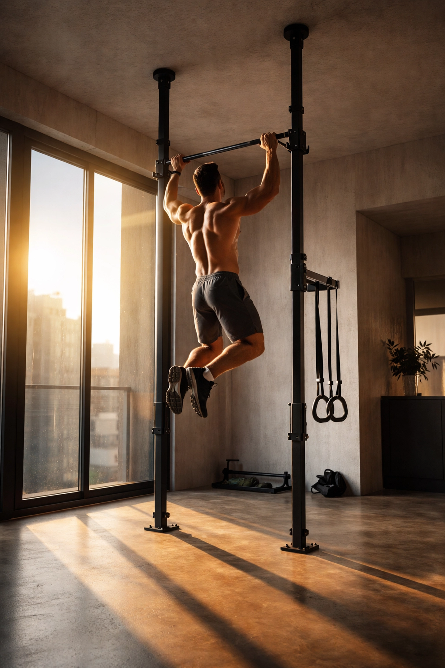 Athlete doing pull-ups on a floor-to-ceiling tension rail system for no-damage home gym workouts
