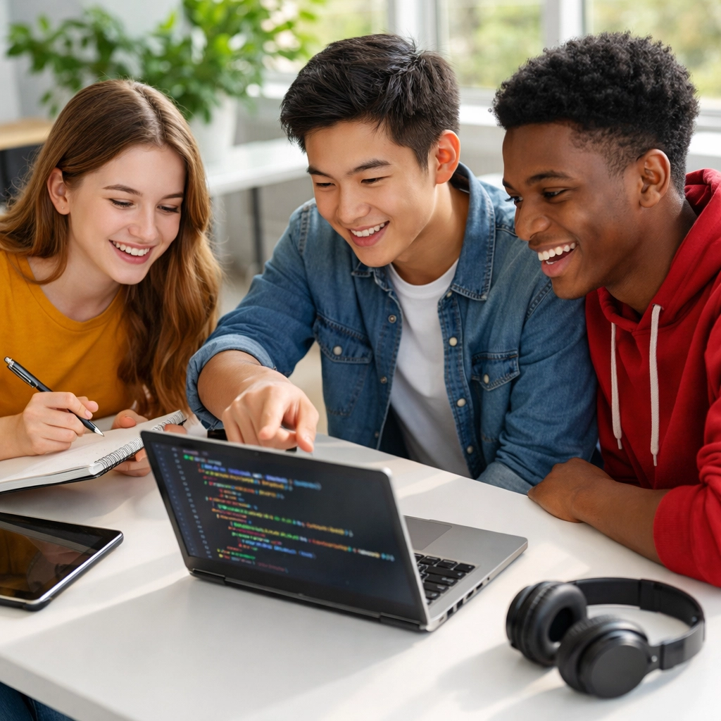 High school students collaborating on coding project for tech internship preparation