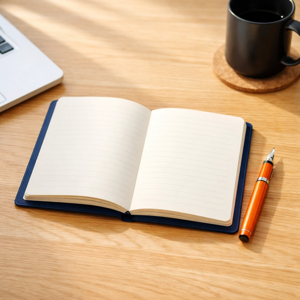 Desk with a notebook and pen, showing preparation for asking consultative selling questions with integrity.
